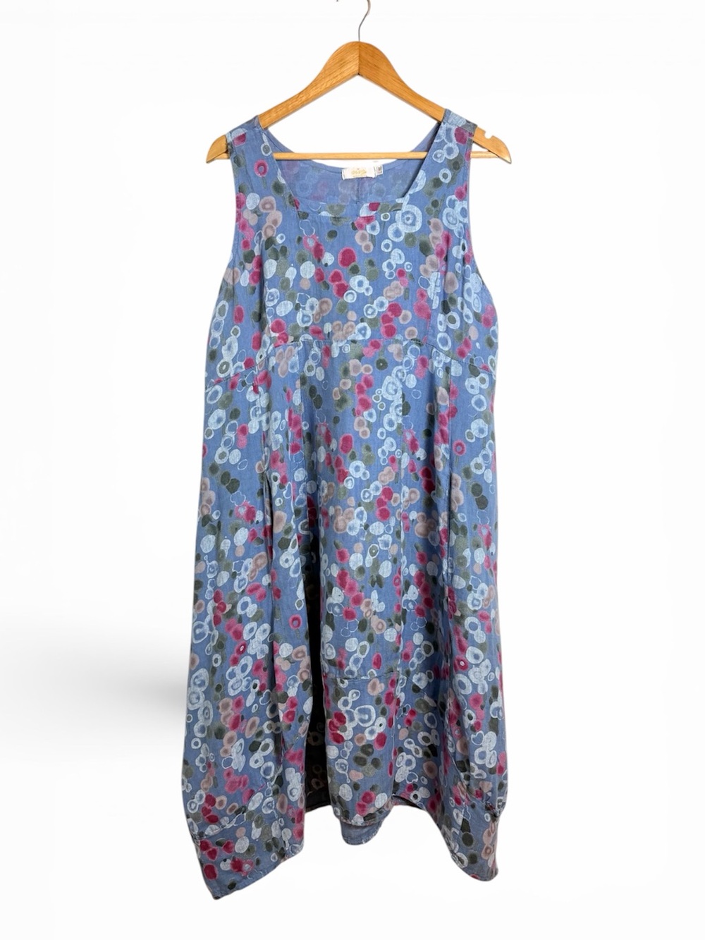 Me & Gee Italy Blue Floral Linen Bubble Hem Midi Dress L/XL